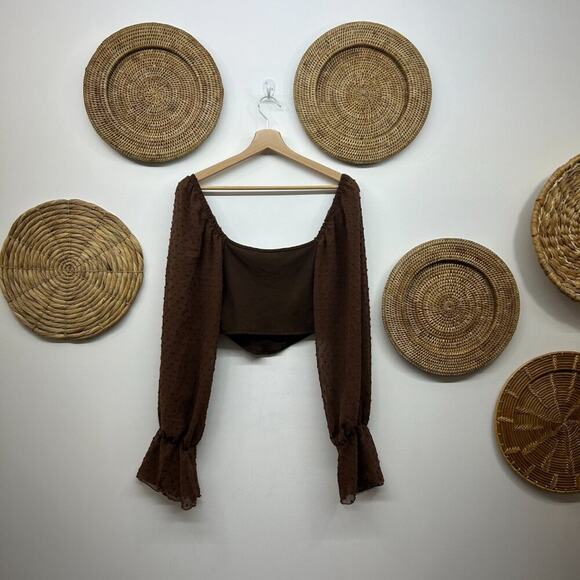 UO Urban Outfitters Brown Ribbed Cut Out Sheer Cropped Crop Top Medium Y2K Style - Picture 3 of 6